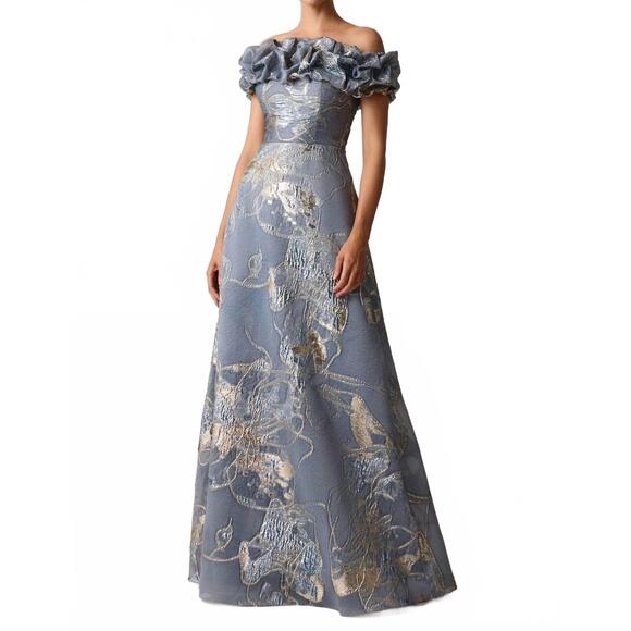 TERI JON Dresses & Skirts - NEW TERI JON jacquard scrunch neckline off shoulder gown in pewter multi